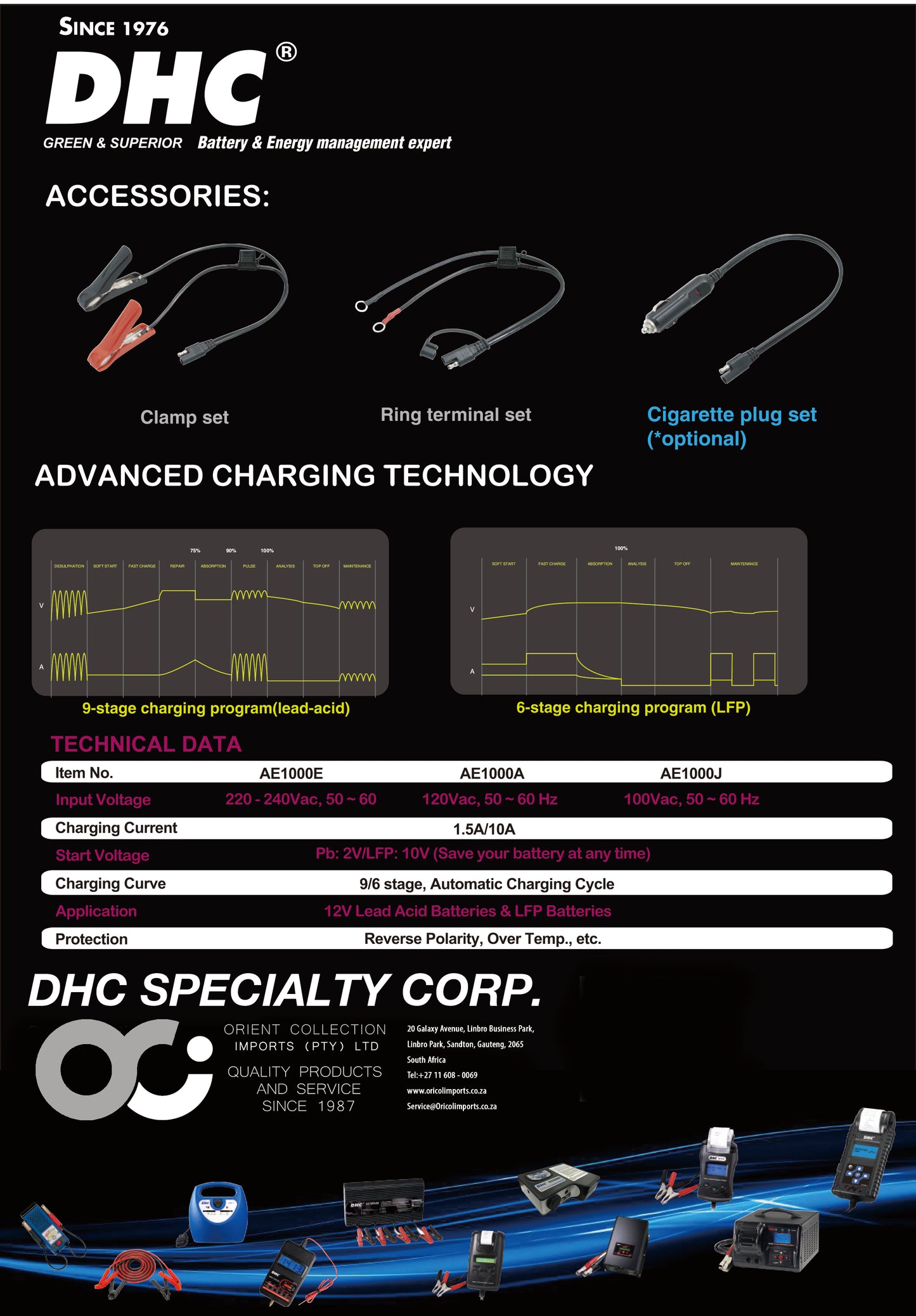 Automotive Digital Charger/Maintainer, 1.5/10 Amp, 12V Smart Car Battery Charger. AE1000 - Oricol Imports
